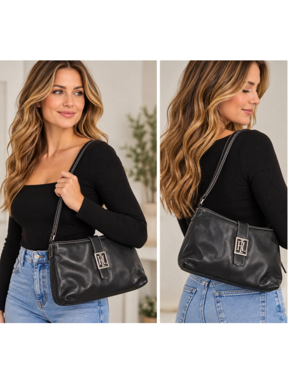 Women's Lauren Ralph Lauren Black Leather Shoulder Bag